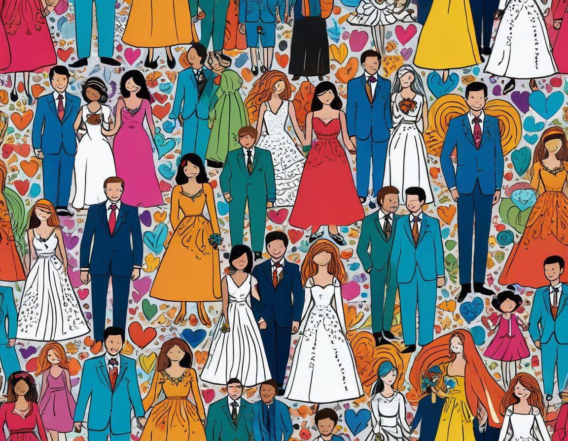 A whimsical illustration depicting a diverse group of couples in unconventional relationships, celebrating their love with vibrant colors and playful expressions. Include elements like rainbow heart symbols, unique wedding attire, and imaginative symbols of love. The background features quirky doodles related to love and insurance, emphasizing a lighthearted atmosphere. Vector art style. Bright and cheerful.