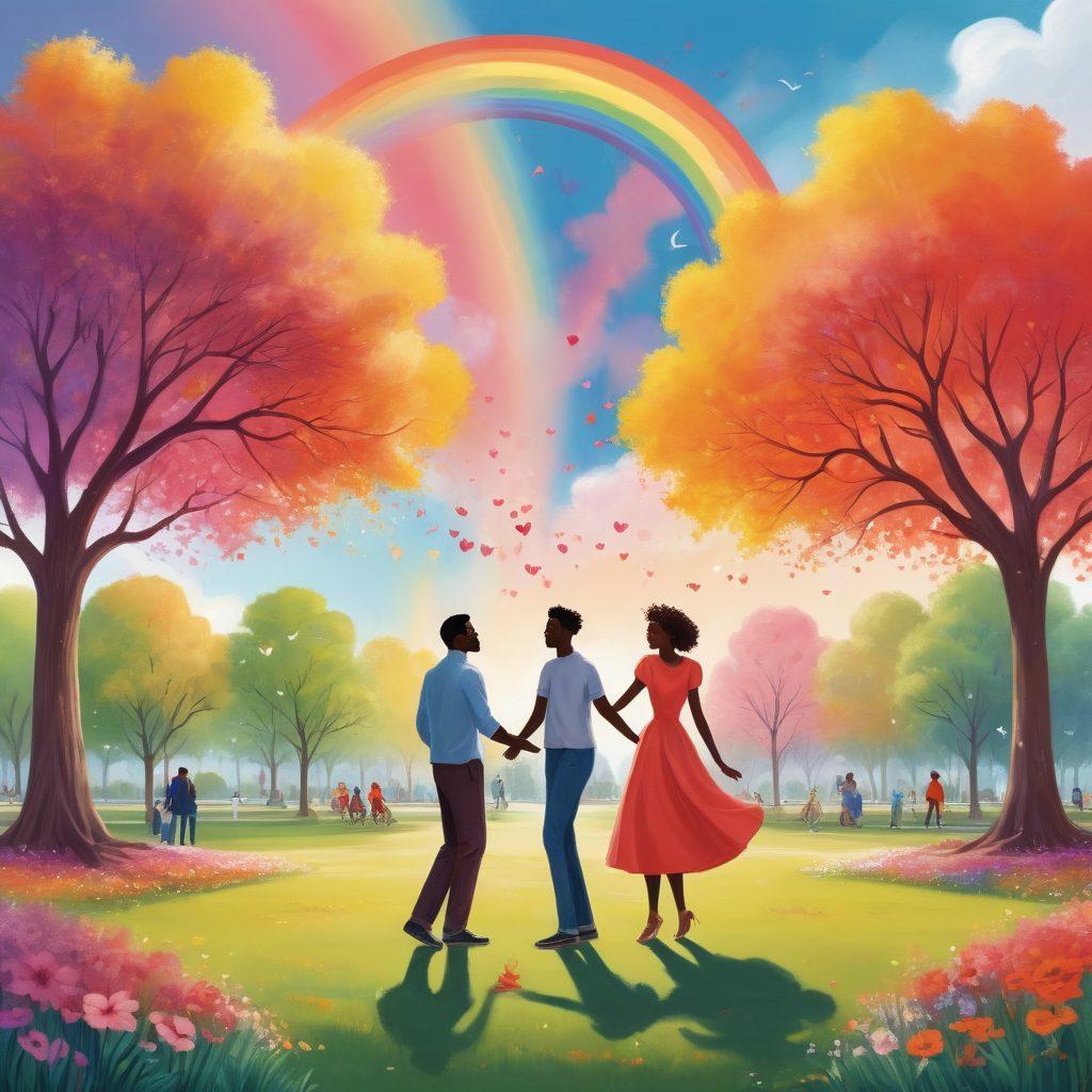 A whimsical illustration of diverse couples in unconventional love, joyfully interacting in a colorful park. Include individuals with unique style choices, such as quirky fashion or interesting attributes, showcasing their love in various activities—dancing, painting, or sharing a picnic. Infuse elements of fantasy, like heart-shaped clouds and rainbow-colored trees, to evoke wonder. The scene should convey warmth, acceptance, and celebration of love. vibrant colors. whimsical art.